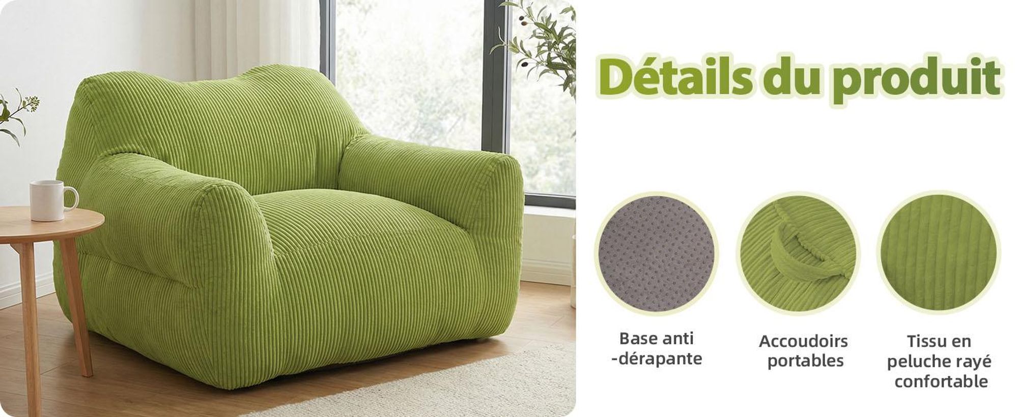 Pouf géant pour adulte, rembourrage en mousse déchiquetée, canapé de sol moelleux, forme carrée, vert gazon