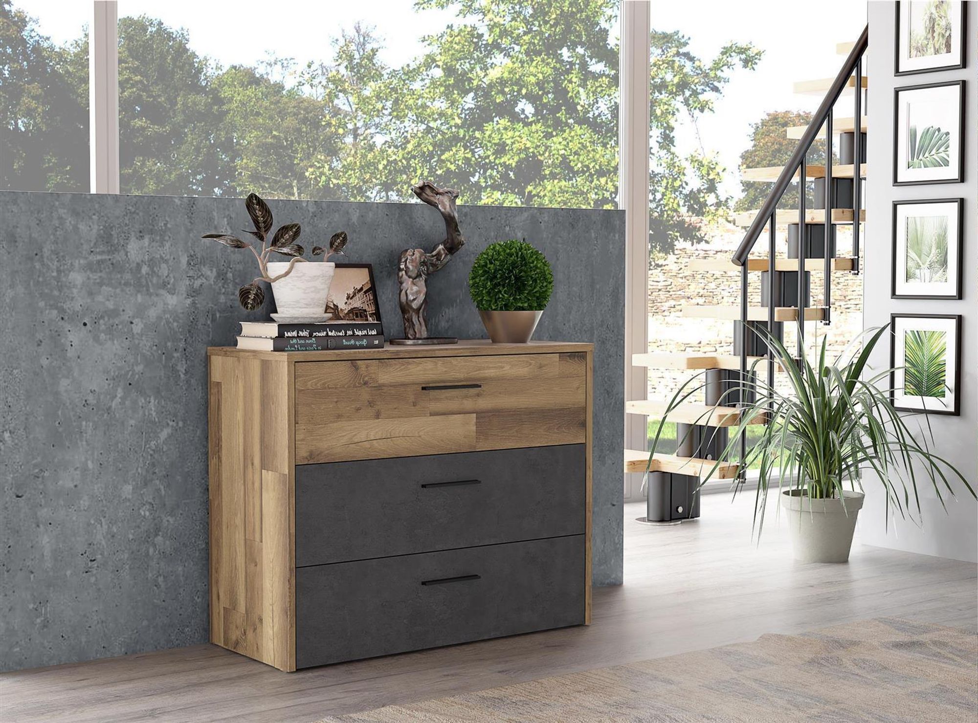 Kommode "Rhodos I" von freiraum – moderne Schlafzimmerkommode mit 3 Schubkästen und rustikaler Stabe
