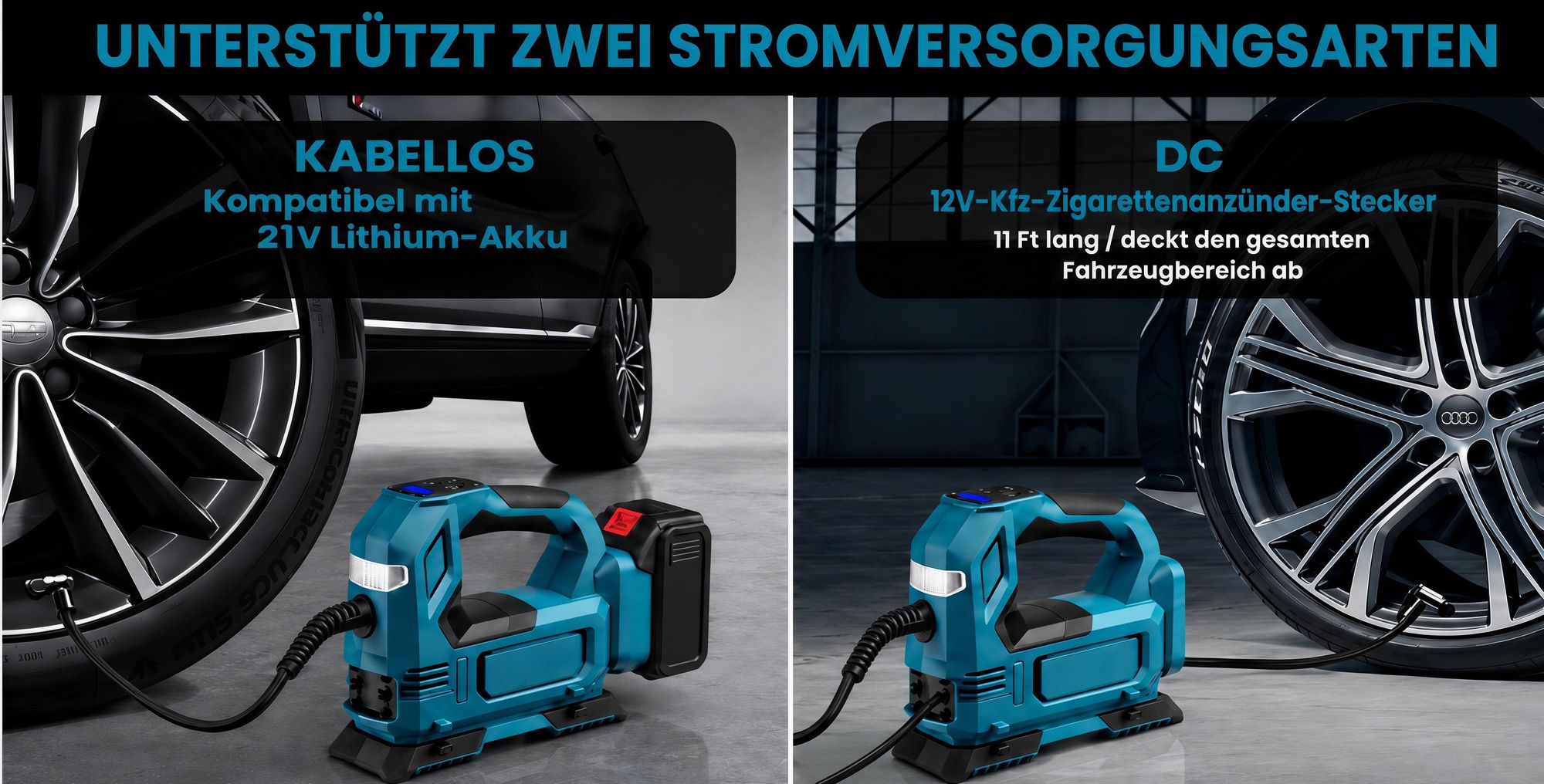 Akku-Kompressor, mit 2 Akkus und Ladegerät, Elektrische Luftpumpe mit LED-Leuchte,Auto-Stopp und Digitalmanometer für Autos,Motorräder,Fahrräder,Bälle