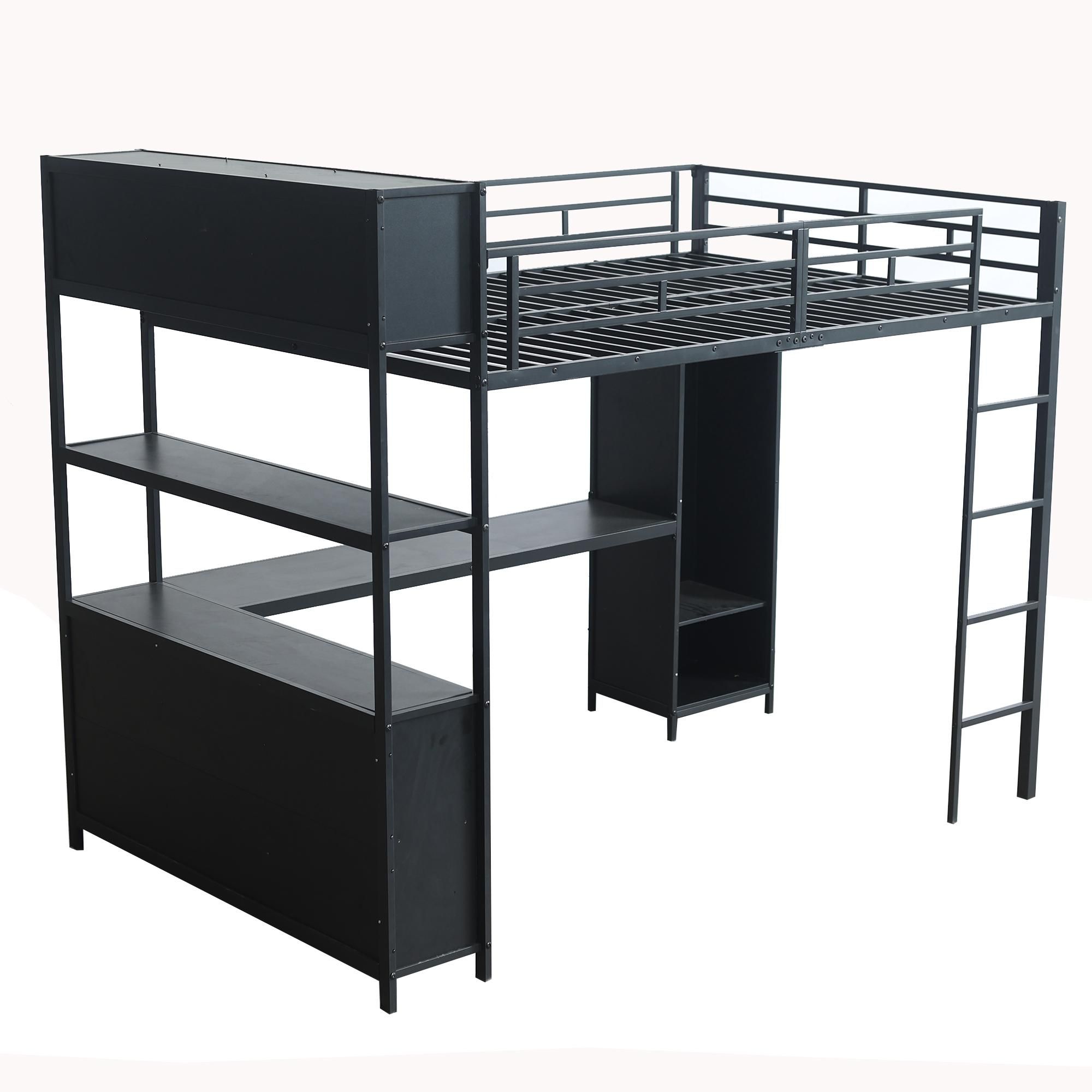 Flieks Etagenbett 140x200cm mit Schreibtisch und Regal, Hochbett mit Kleiderschrank, Kinderbett Jugendbett Metallbett mit Lattenrost, Schwarz