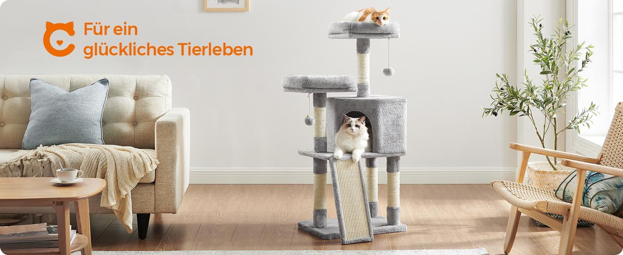 FEANDREA Kratzbaum, 115cm,vollständig mit Sisal umwickelte Säule hellgrau