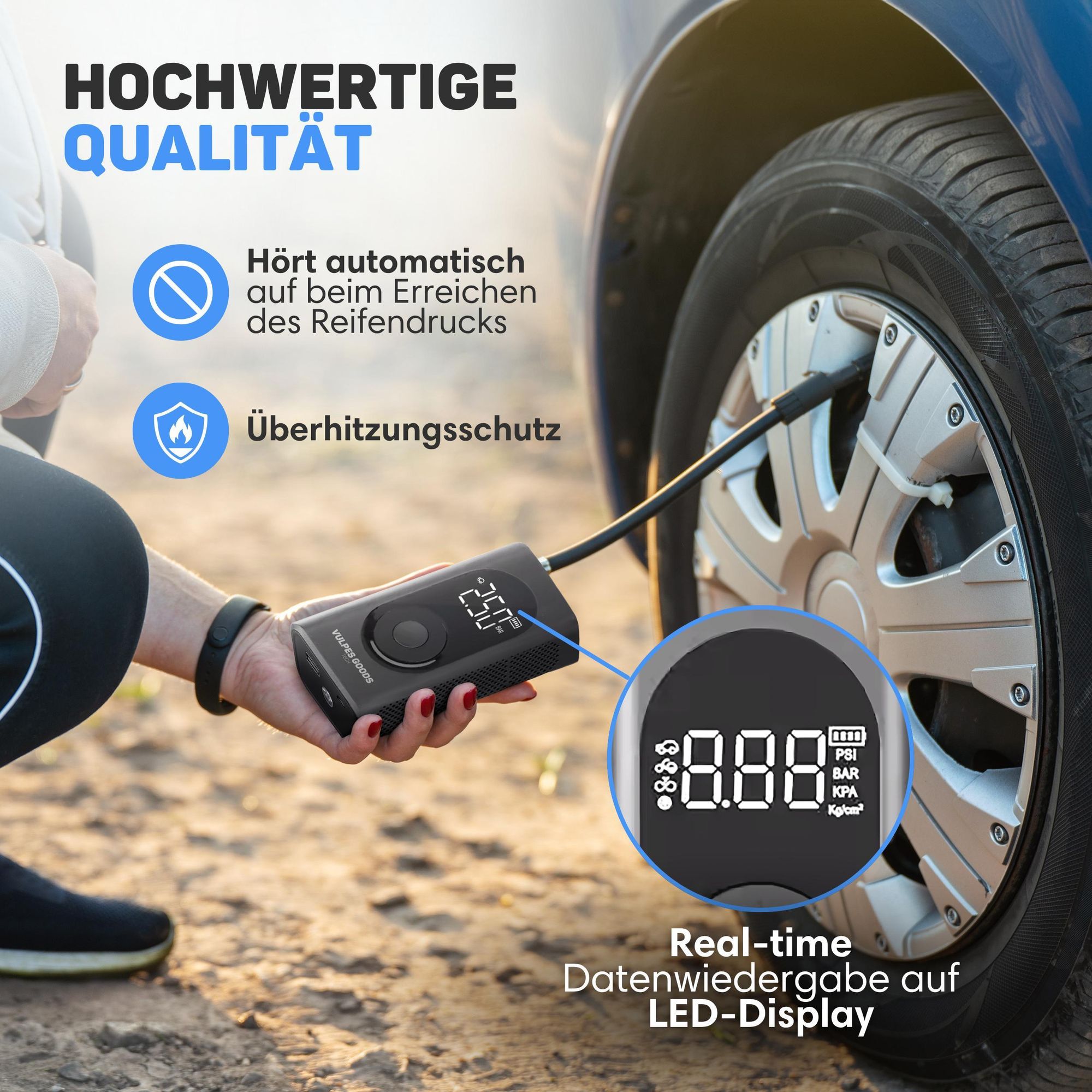 Vulpes Goods Luftkompressor, Tragbarer Kompressor, 6400mAh, Kompressor für Auto, Scooter, Fahrrad, Ball und Luftmatratze, Reisetasche, Mit 7 Aufsätzen