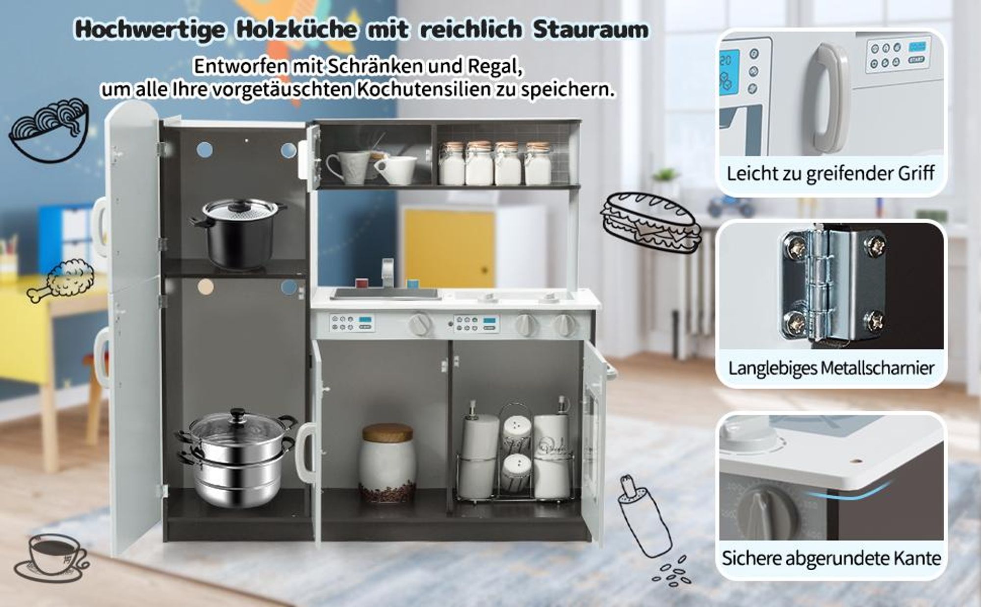 COSTWAY Kinderküche, Spielküche mit Tafel, Spüle, Wasserhahn, Klickgeräuschen, Herd, Backofen & Mikrowelle, Spielzeugküche für Kinder ab 3 Jahren