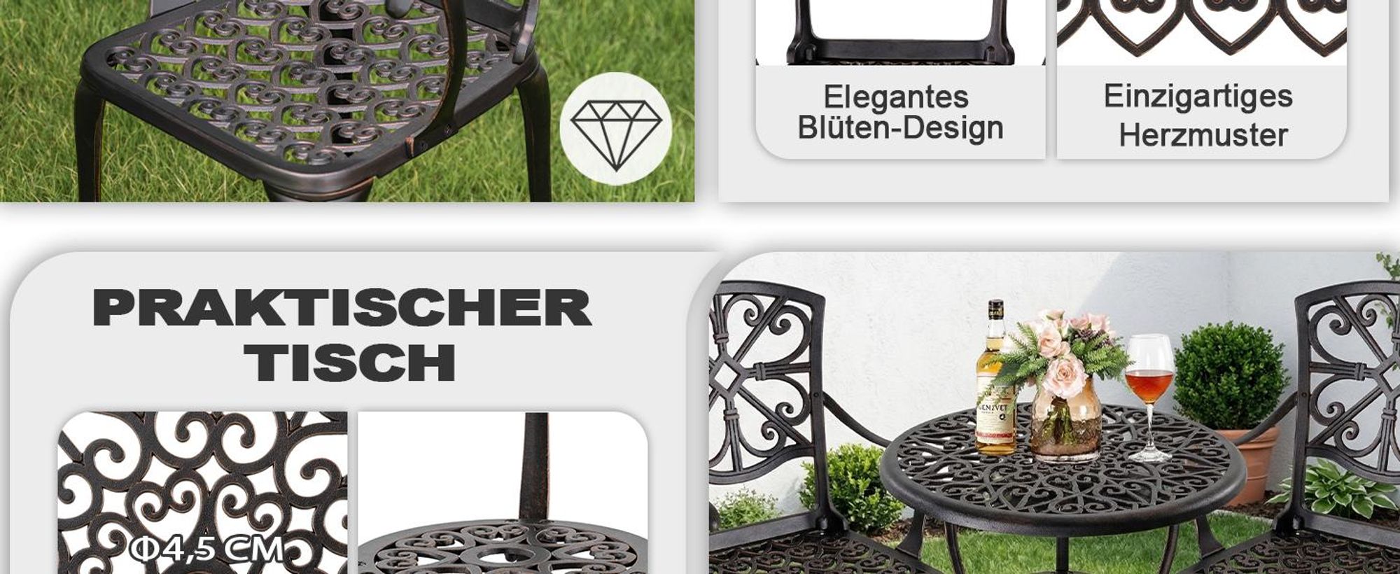 Avestar 3-teiliges Bistro Set aus Aluminiumguss, Gartenmöbel Set, Balkonmöbel, runder Bistrotisch mit 2 Gartenstühlen, Schwarz