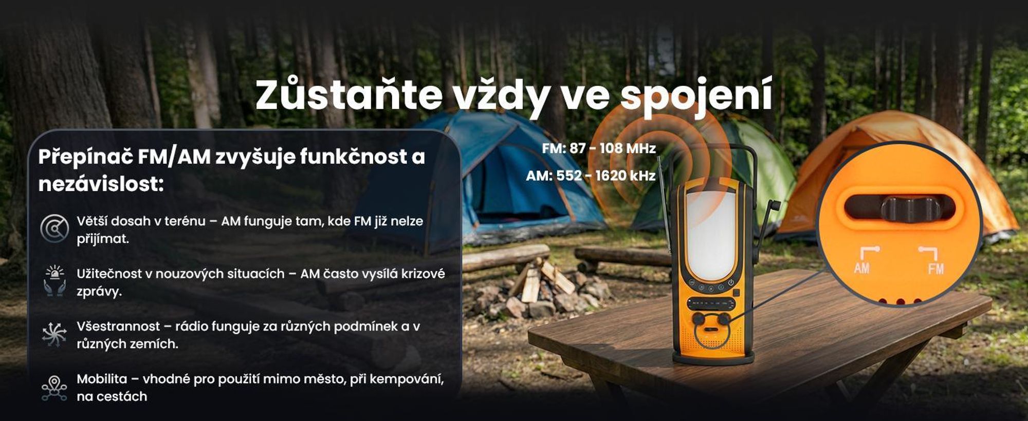 Extralink Nouzové rádio AM/FM se solárním panelem a klikou Powerbanka 6000 mAh, USB-C, SOS
