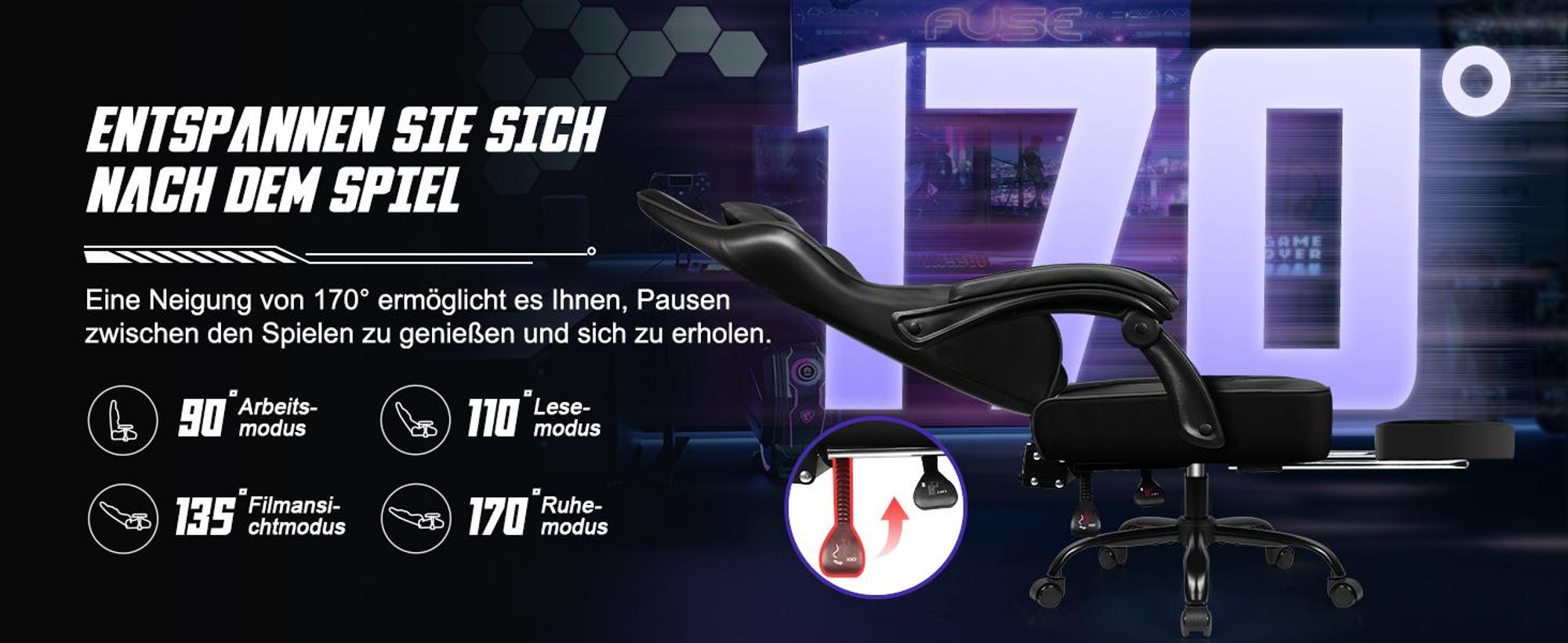 Aiibot Gaming Stuhl Bürostuhl Schreibtischstuhl Ergonomischer Gaming Sessel mit Fußstütze und Lordosenstütze, Wippfunktion90°-170°, Schwarz