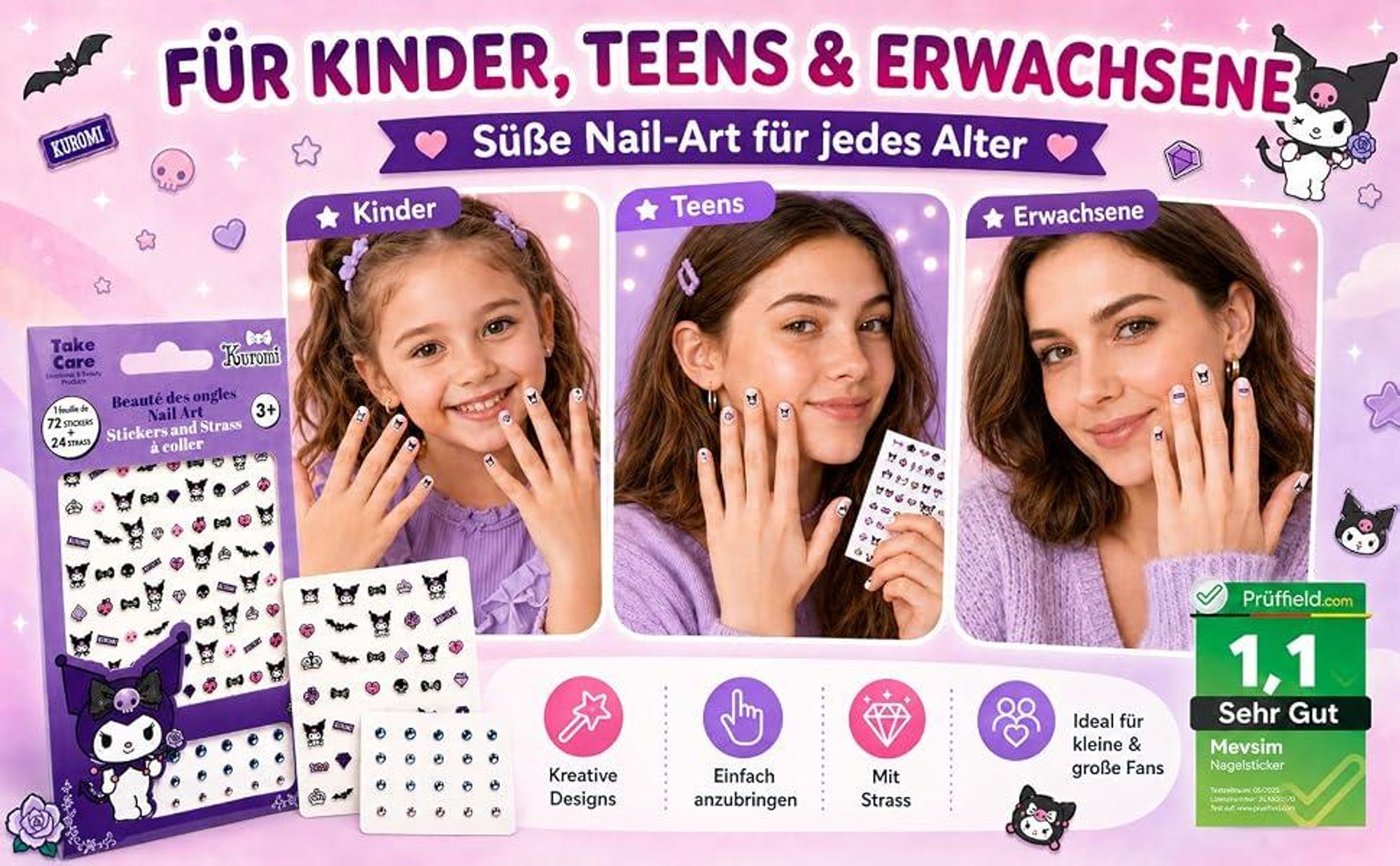Kuromi Nagelsticker Set – 72 Sticker + 24 Steinchen – Offiziell Lizenziert