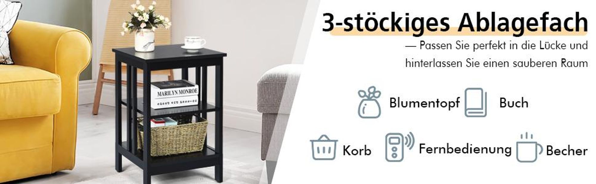 COSTWAY Nachttisch 3 Ebenen, 2er Set Beistelltisch Nachtschrank, Sofatisch Couchtisch für Schlafzimmer, Wohnzimmer 40x40x61cm (II-förmig, Braun)