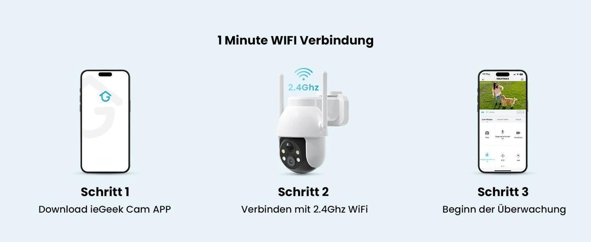 3 Stück 2K 3MP Überwachungskamera Aussen Solar 360° PTZ Kamera Aussen Akku 2.4GHz Kabellos mit PIR Bewegungsmelder Farb-Nachtsicht 2-Wege-Audio