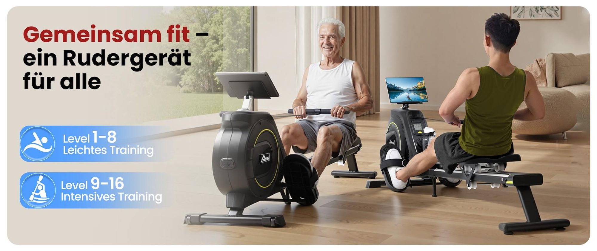 AsVIVA RA11 Rudergerät Heimtrainer, Generatorbetrieb ohne Stromanschluss, Bluetooth-App & Pulsmessung, 6,5 % Schienenneigung, platzsparend, bis 135 kg