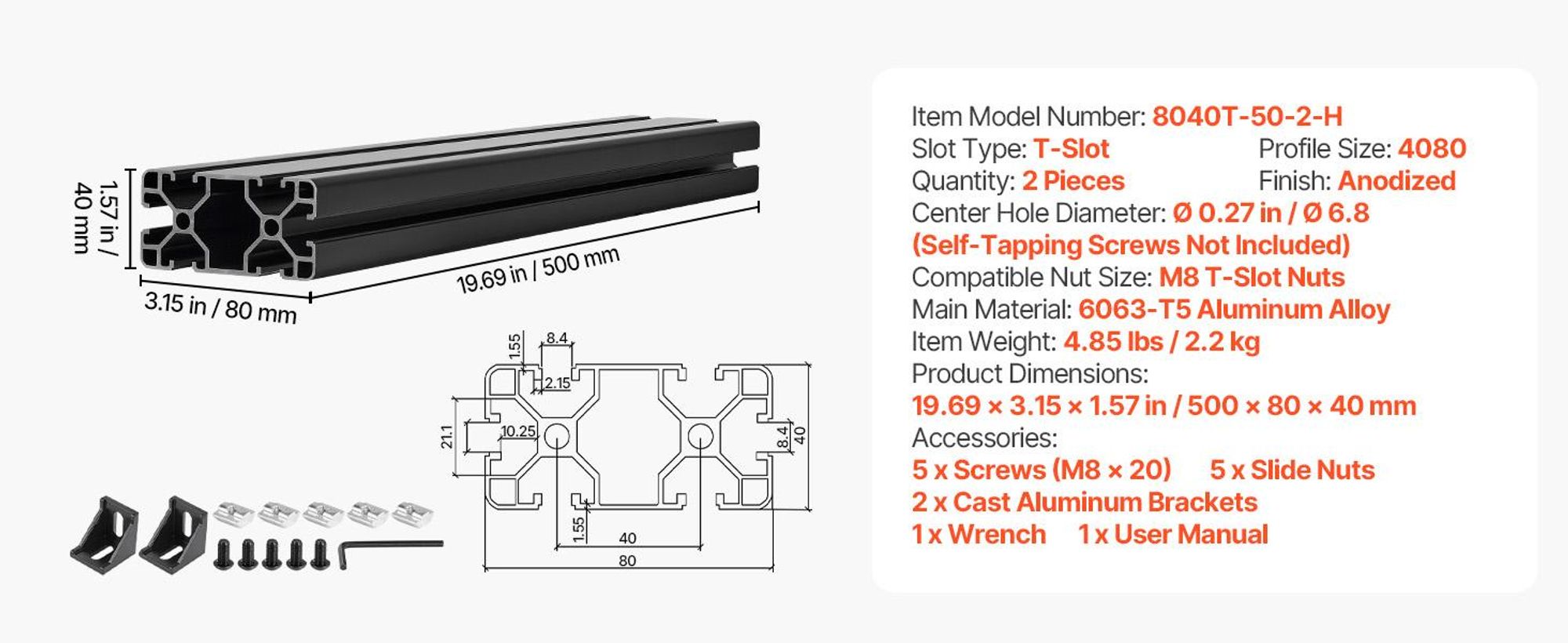 VEVOR 4080 Aluminium Profile 2 Stk. 50 cm, Eloxierte T-Nut-Aluprofile nach EU-Standard, Hochfestes Strangpressprofil, Aluminiumschiene für 3D-Druckerteile, CNC-DIY-Werkbänke und Montage, Schwarz