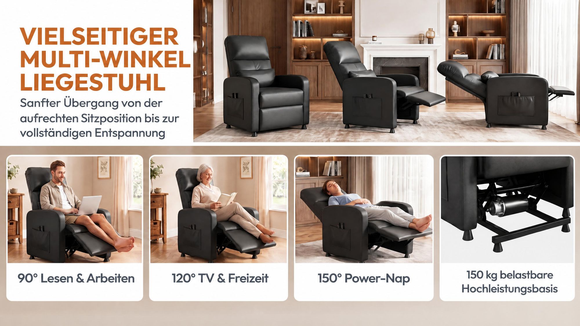 Fernsehsessel Elektrisch mit Liegefunktion, Massagesessel mit Wärmefunktion, Elektrischer Relaxsessel mit Massage, TV Sessel 90°–150° verstellbar