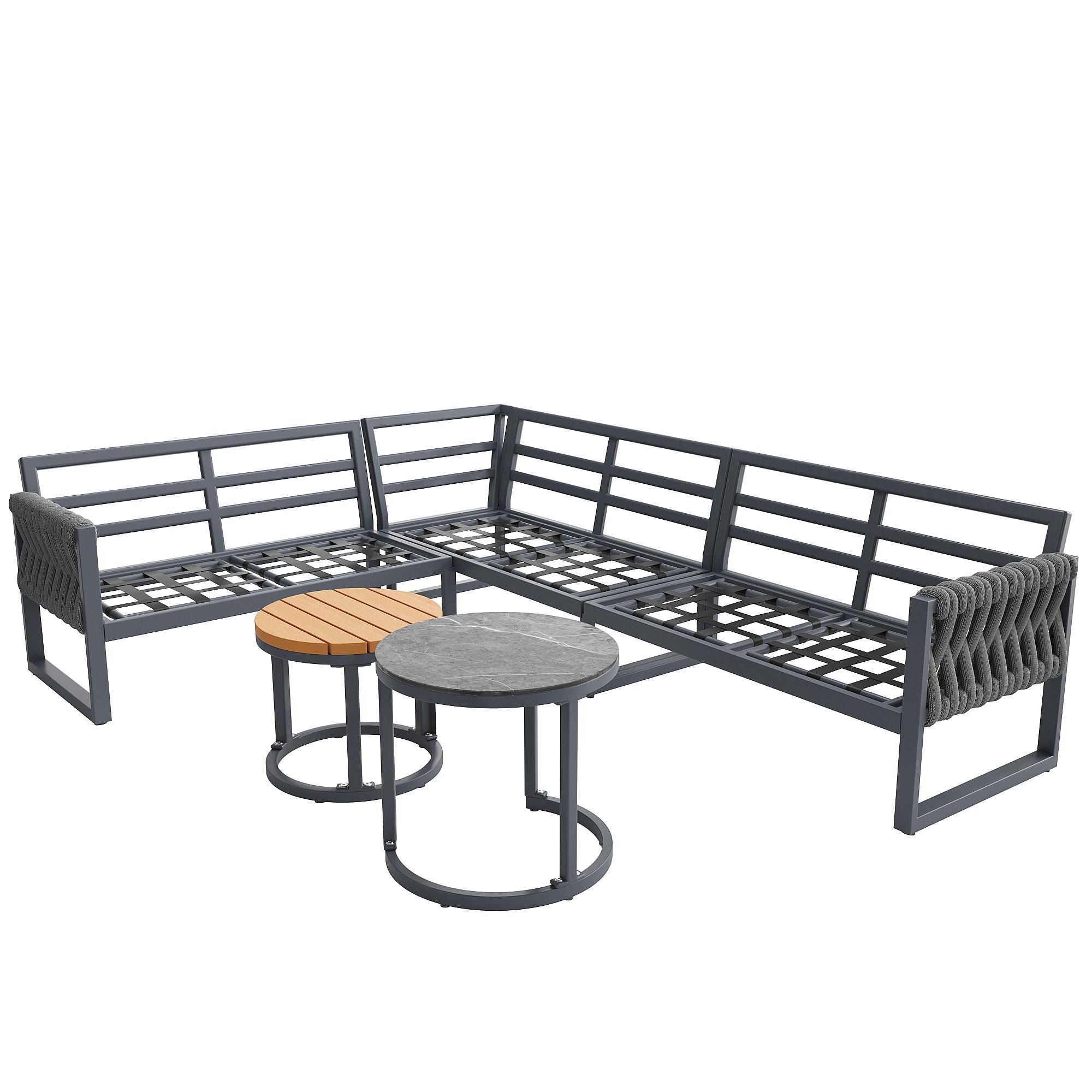 Flieks Gartenlounge-Set 5 teilig, Gartenmöbel-Set mit 2 Couchtischen, Terassenmöbel Balkonmöbel mit Kissen für 5-6 Personen, Sofagarnitur Grau