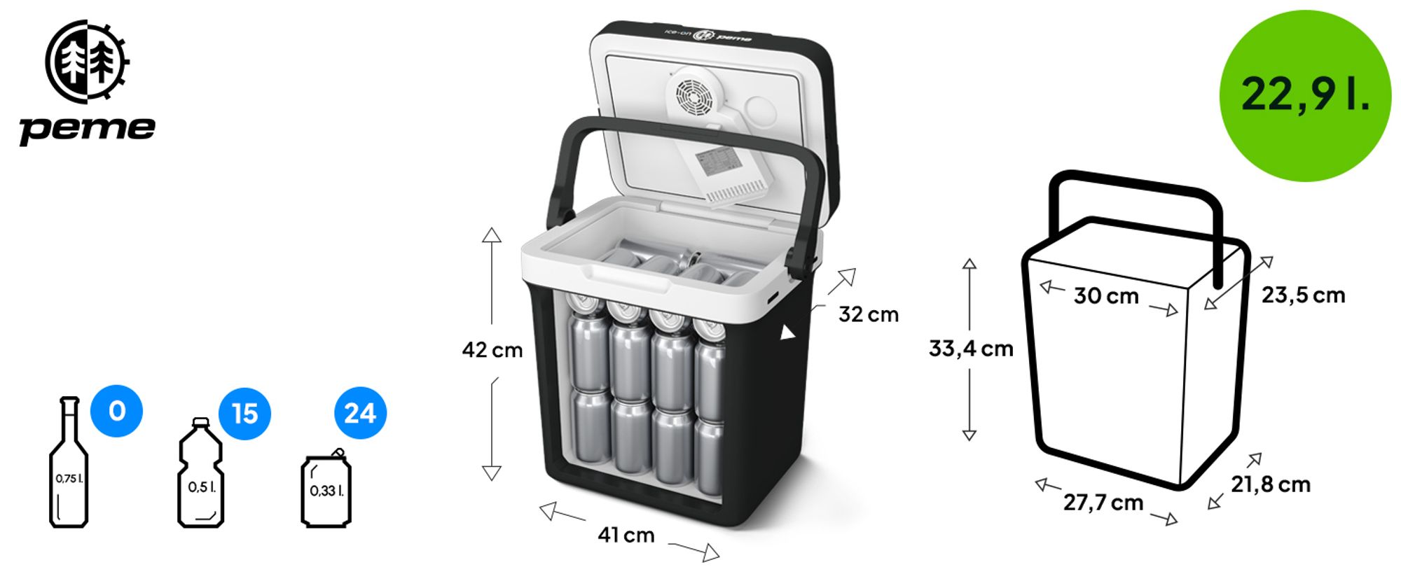 Elektrická chladnička PEME Essential 23 l – termoelektrická chladicí taška do auta, kempingová chladnička, ohřívací box, USB, ECO, přenosná, do osobního auta, mini, černá
