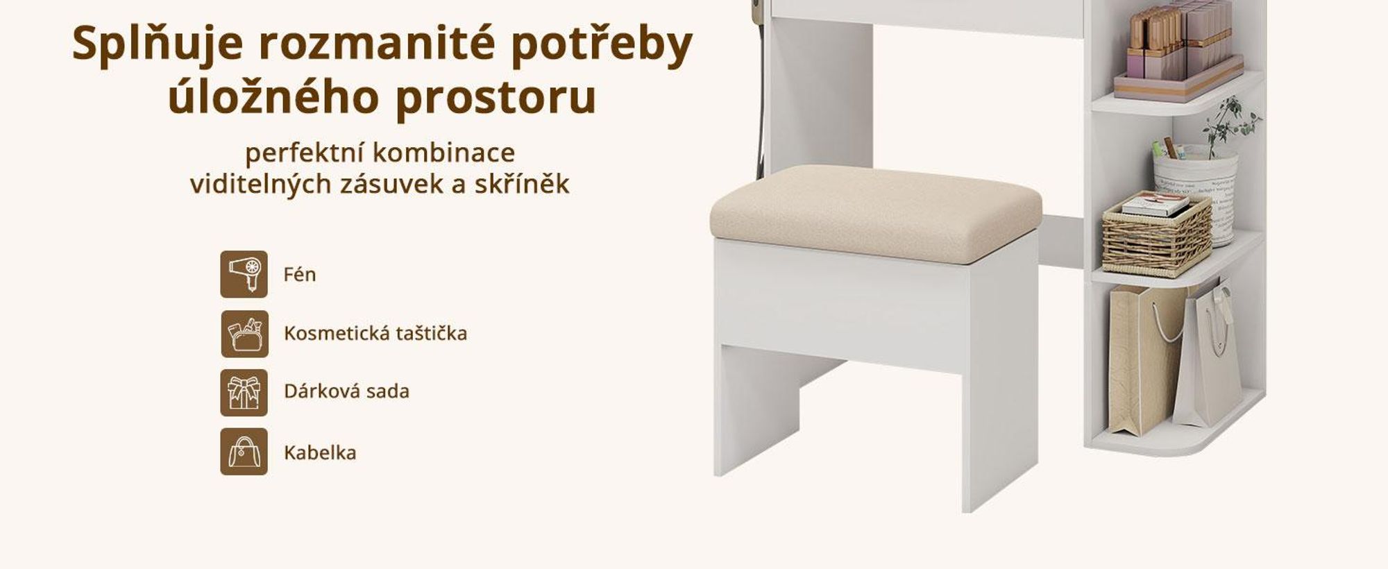 Kosmetický stolek Puluomis s regulovatelným LED osvětlením, toaletní stolek se zásuvkou, držákem na fén, USB porty a zásuvkami, skleněnou deskou, a stolička s úložným prostorem, bílá barva