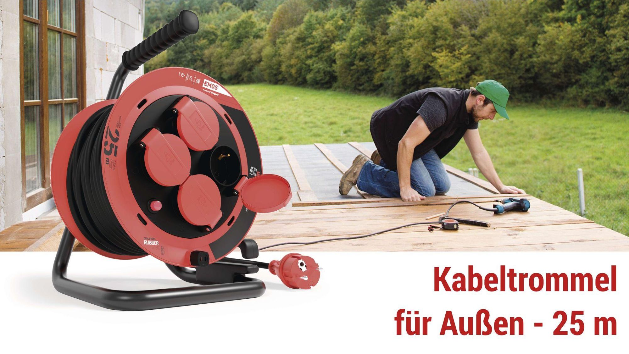 EMOS Kabeltrommel 25m, 4 Steckdosen, Spritzwassergeschützt, schlagfest, 230V, 10A, 2300W, Gummi-Isolierung, H05RR-F3G 1,0 mm2, IP44 für Außen, P082251