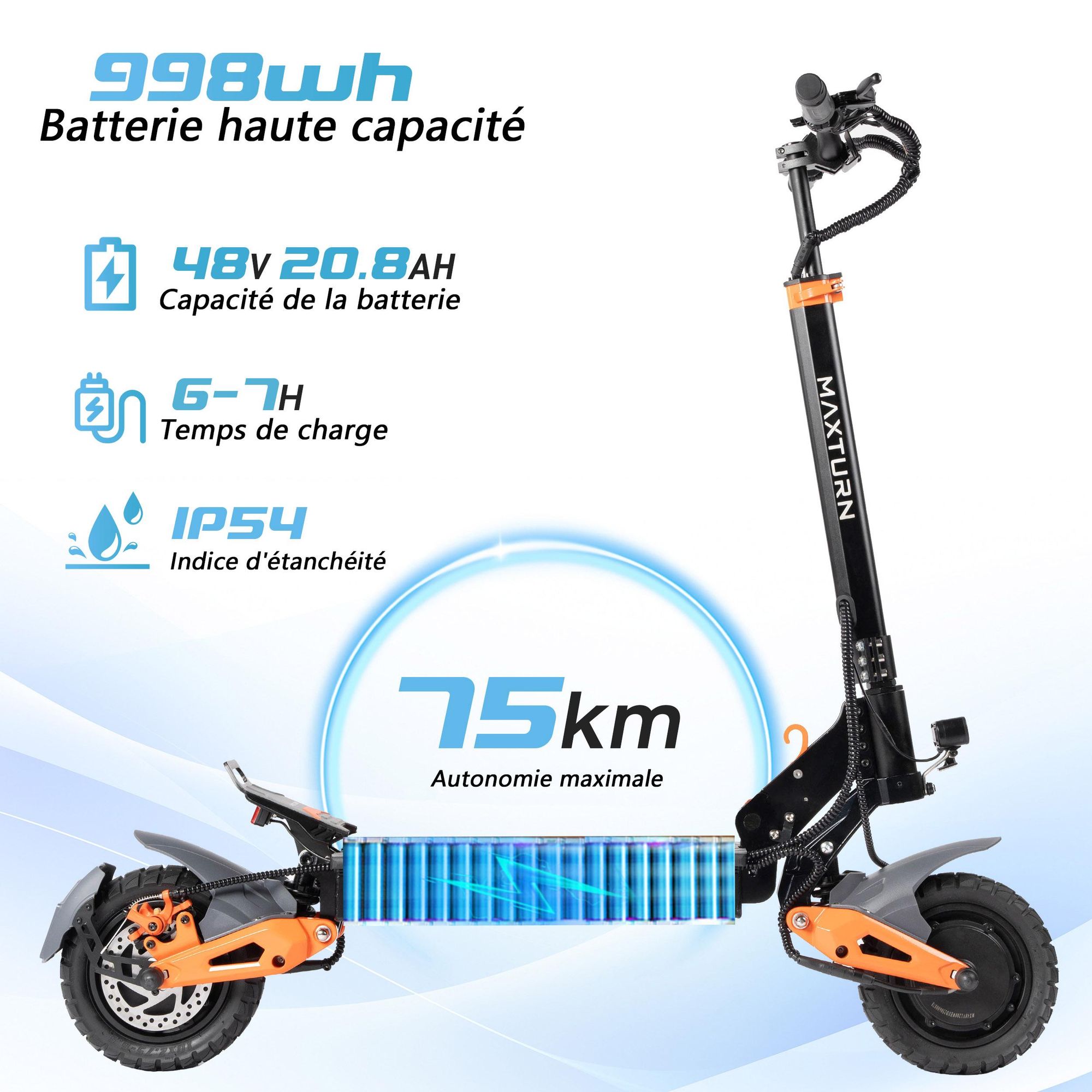 Trottinette électrique MAXTURN X1 Ultra - 48V20.8Ah 10'' Cadre Aluminium E-Scooter - Noir
