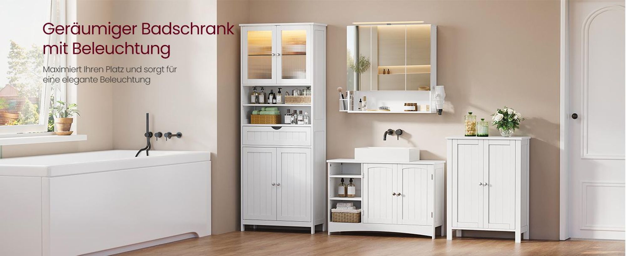 VASAGLE Badezimmerschrank mit LED-Beleuchtung, Badschrank, Aufbewahrungsschrank mit verstellbaren Ablagen, Schublade, offenen Fächern
