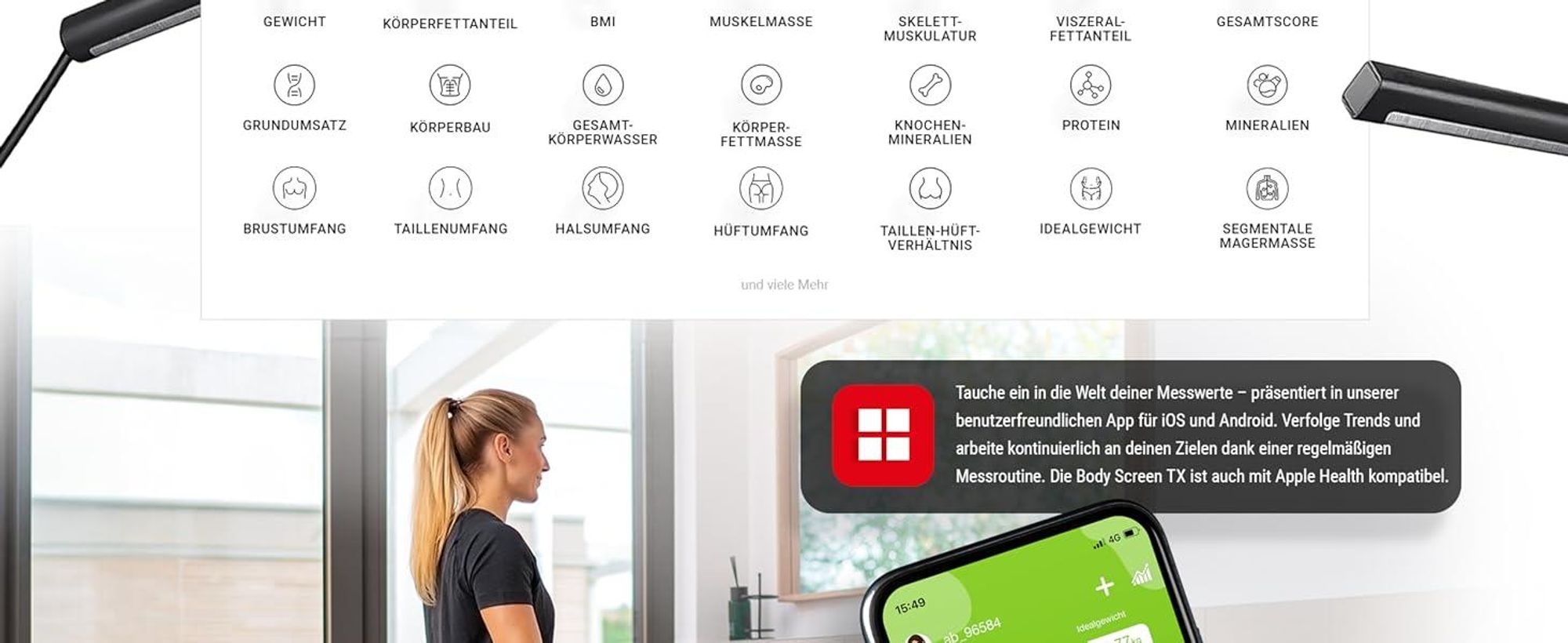 HAMMER Körperanalysewaage Body Screen TX, weiß, 8 Sensoren, 15 Messungen inkl. App
