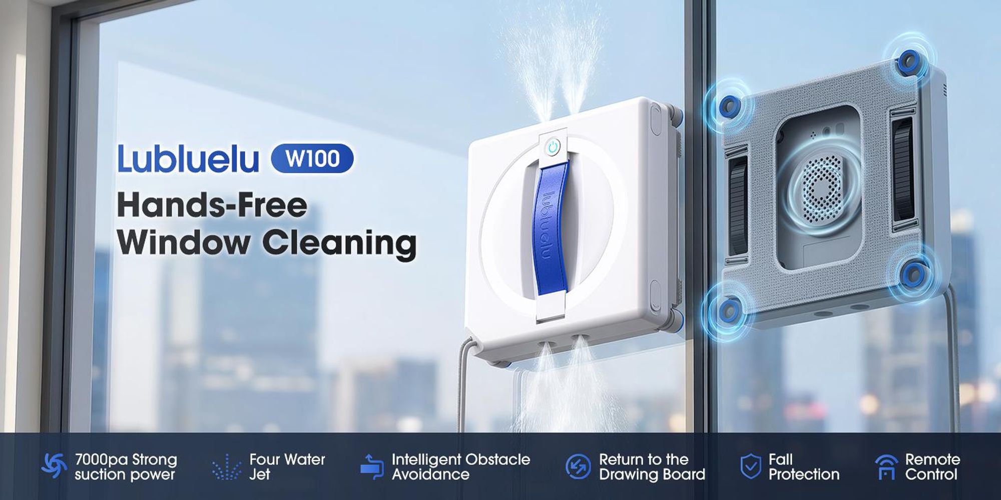 Lubluelu W100 Fensterputzroboter Fensterputzroboter mit Sprühfunktion Glasreinigungsroboter mit Fernbedienung und 4M Sicherheitsseil 7000PA Saugkraft