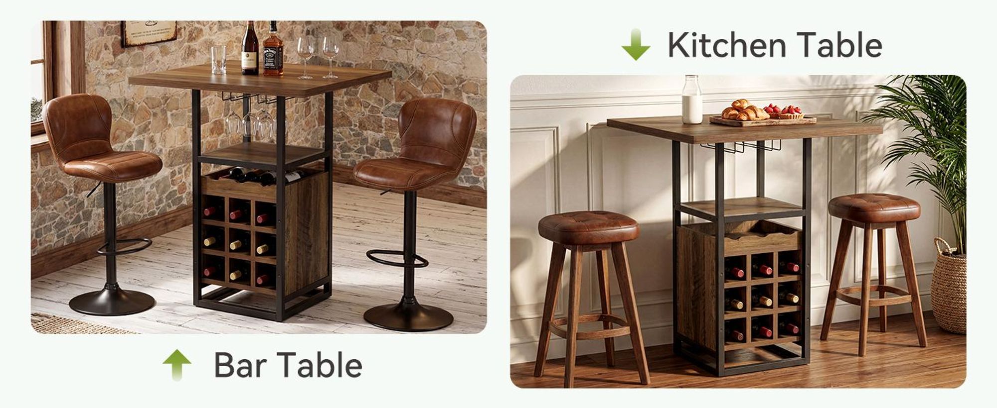 Tribesigns 95cm quadratischer Bartisch, Stehtisch mit Glashalter, Weinschrank mit offenen Ablagefächern, Bistrotisch, Braun