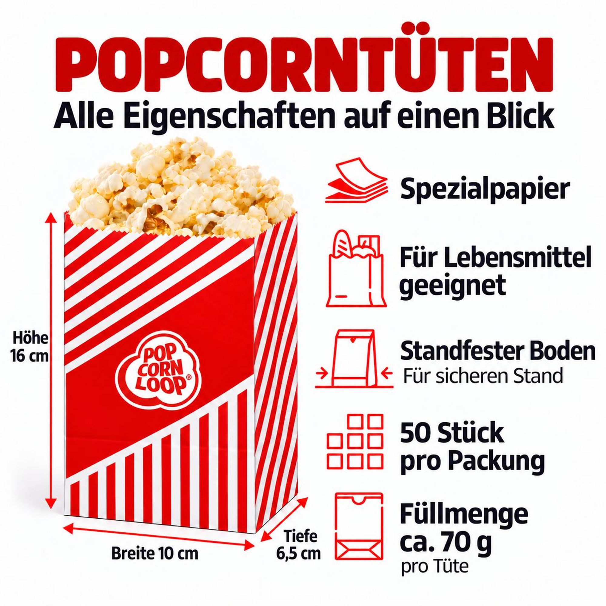Popcornloop 50 er Popcorntüten Popcorn Box Tüten Candy Bar Tüte Hochzeit Papier Süßigkeiten Boxen für Party Papier Behälter Rot Weiß Beige Gestreift