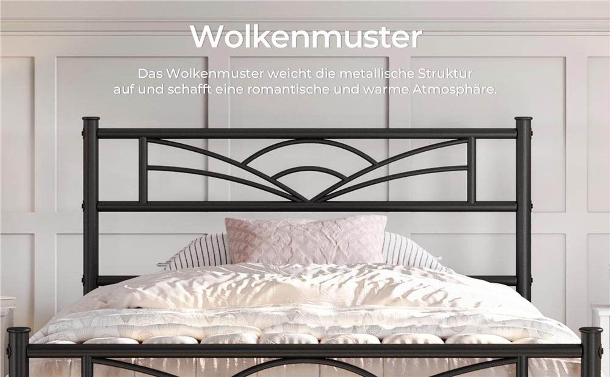 Yaheetech Metallbett Bettgestell 90 x 200 cm, Bettrahmen mit Wolkenmuster Kopfteil, Schwarz