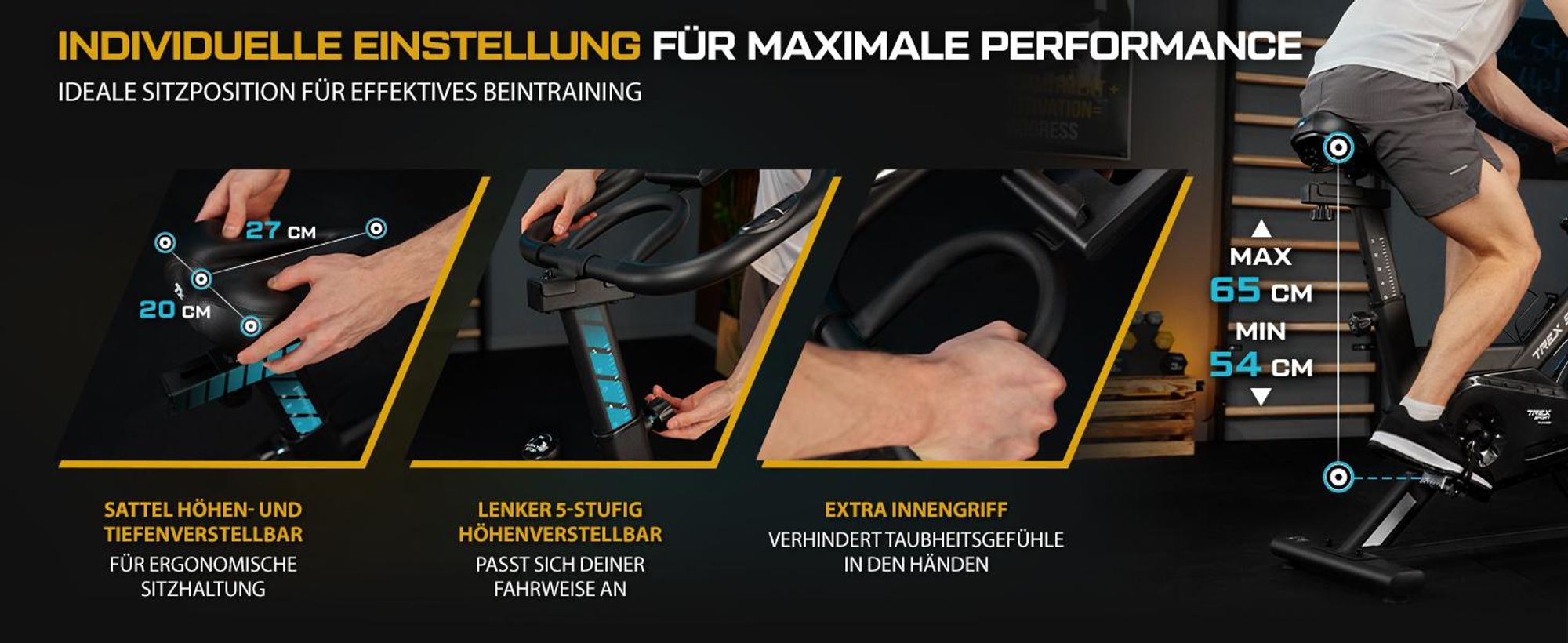 TREX SPORT Indoor Bike Heimtrainer Fahrrad TX-640SB HOWL |Mechanischer Widerstand, 12kg Schwungrad, Trainingscomputer, Pulssensoren | leise, bis 130kg