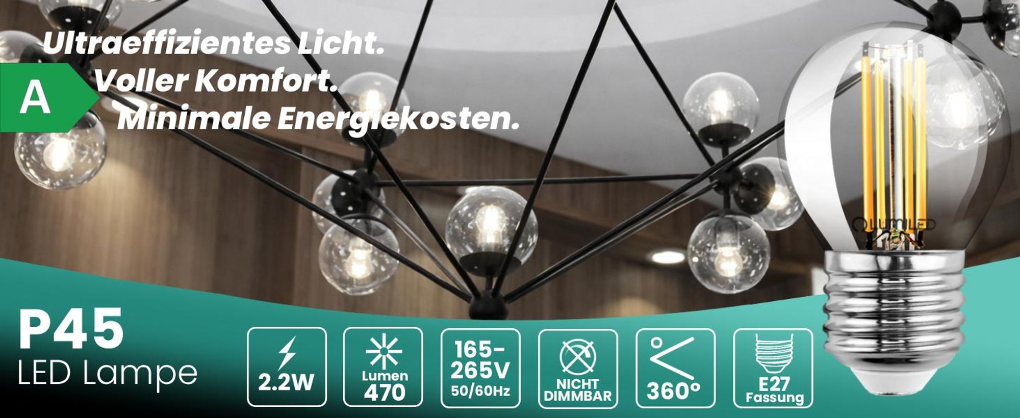 LUMILED LED 6er Set Golfball Lampe P45 E27 Ultraeffizient 2.2W 470lm Ersatz 40W 2700K Warmweiß Filament Klar Glas Tropfenform 360° Abstrahlwinkel Nicht Dimmbar 6 Stück