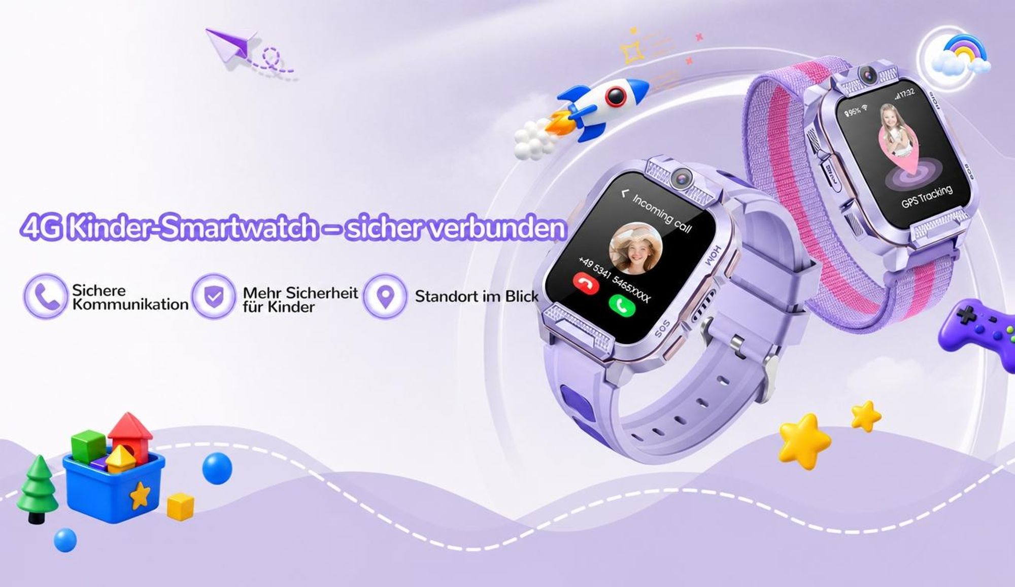 2026 4G Kinder Smartwatch mit GPS Telefon Video SOS für Jungen Mädchen Smartwatch 4-fache Ortung (GPS, WLAN, LBS, AGPS), Sicherheitszonen, Eltern App