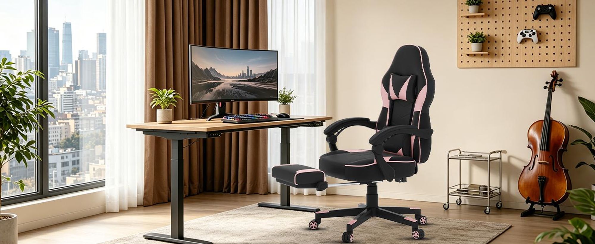 Puluomis Gaming Stuhl mit Massage und Fußstütze 150kg, Bürostuhl Ergonomisch Chefsessel Schreibtischstuhl Racing Stuhl Computerstuhl Rosa Pink Schwarz
