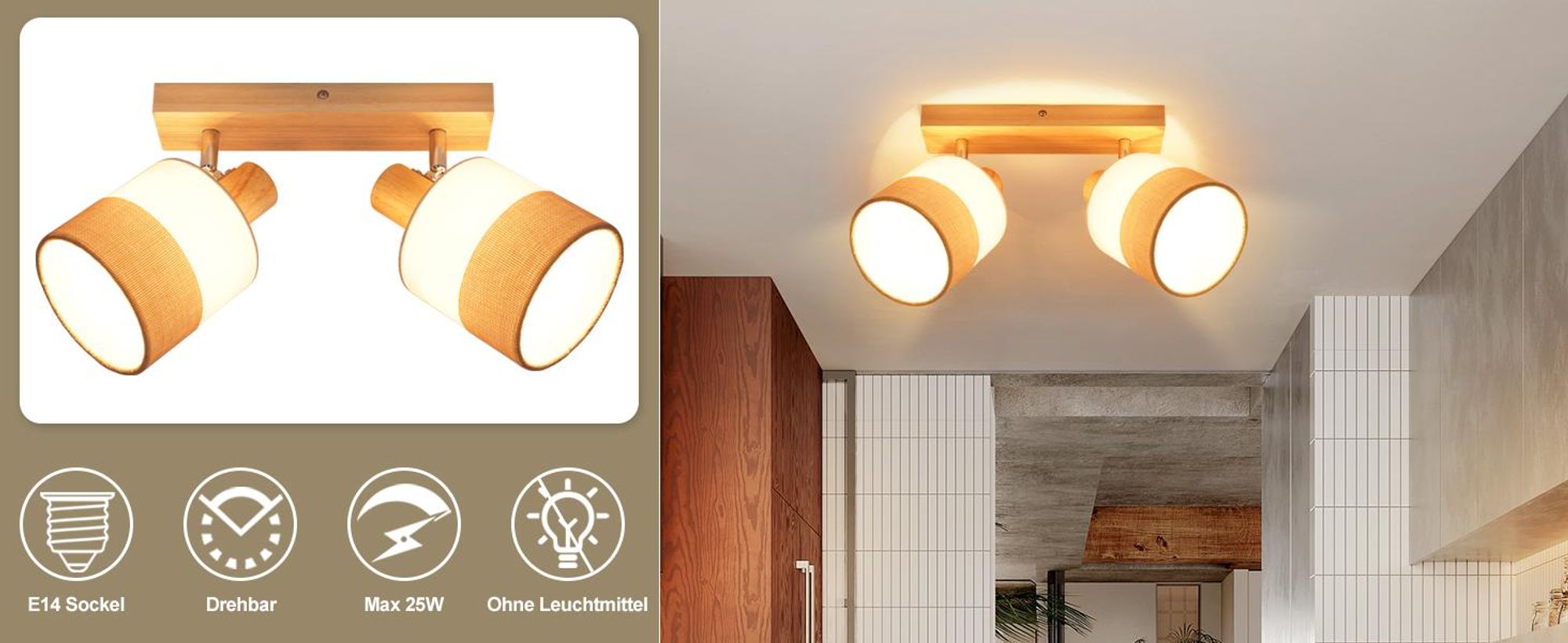 ZMH LED Lampa sufitowa , 2 płomienie, reflektor sufitowy do przedpokoju drewno, E14,reflektor vintage, tkanina, obrotowy spot 350°, bez żarówek
