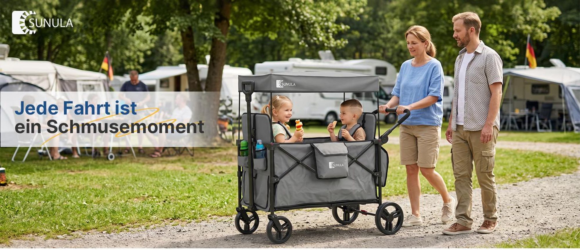 Sekey Faltbar Bollerwagen mit Dach, für 1 bis 2 Kinder, Schiebe- und Zieh Funktion, mit XXL-Rädern (25/20 cm) und 5-Punkt-Gurtsystem, Grau
