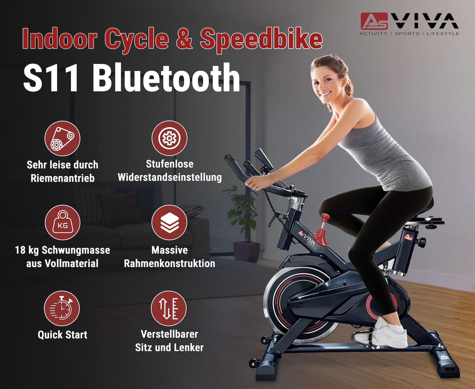 AsVIVA S11 Indoor-Cycle Speedbike, leise, stufenlos, mit Handpulssensor