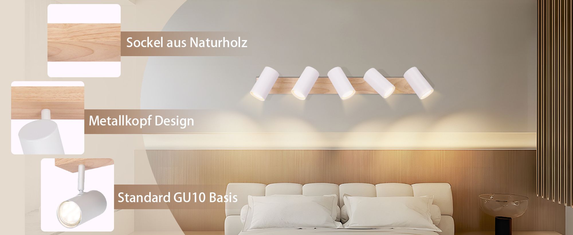 ZMH Deckenleuchte 5 Flammig Deckenstrahler Holz Deckenlampe Weiß Deckenspots GU10 Wohnzimmerlampe 350° Flurlampe Decke Spotlight Flur für Schlafzimmer Küche Wohnzimmer Ohne Leuchtmittel