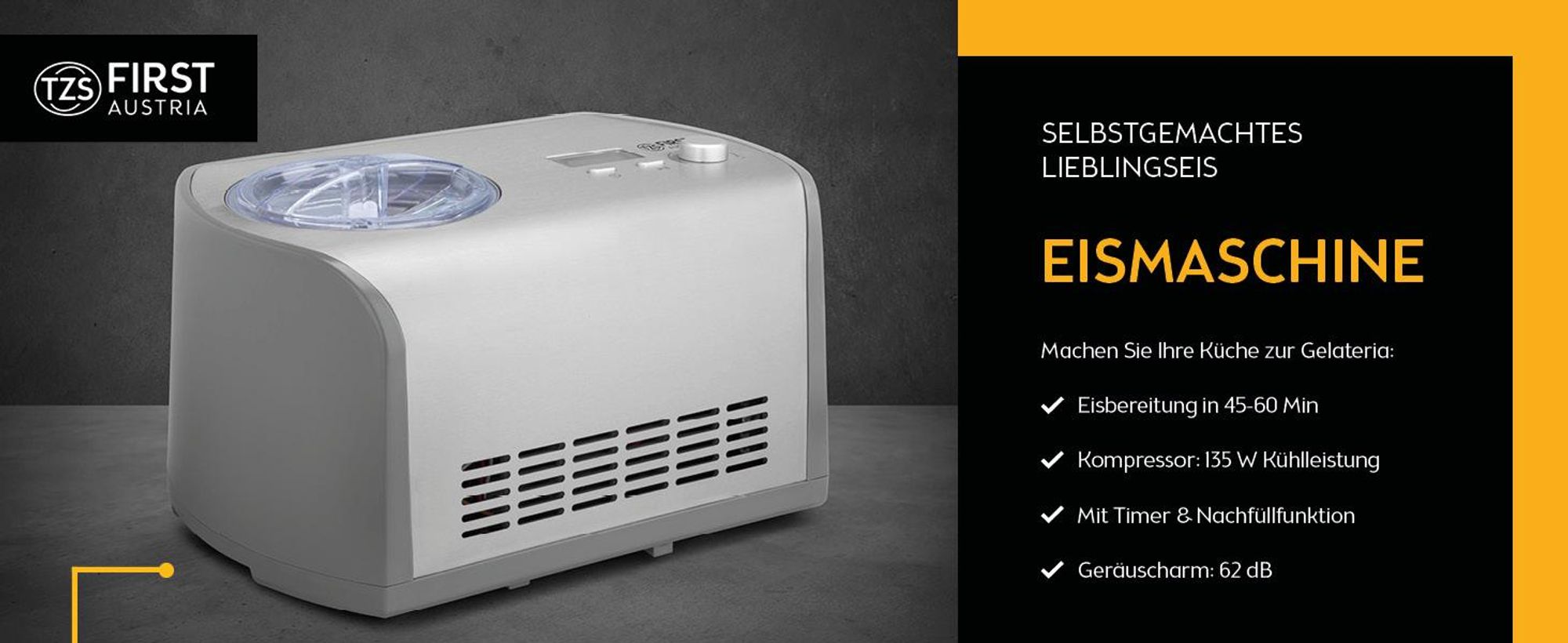 TZS First Austria - Eismaschine 1,2L 135W - mit Kompressor & Kühlhaltefunktion - Edelstahl