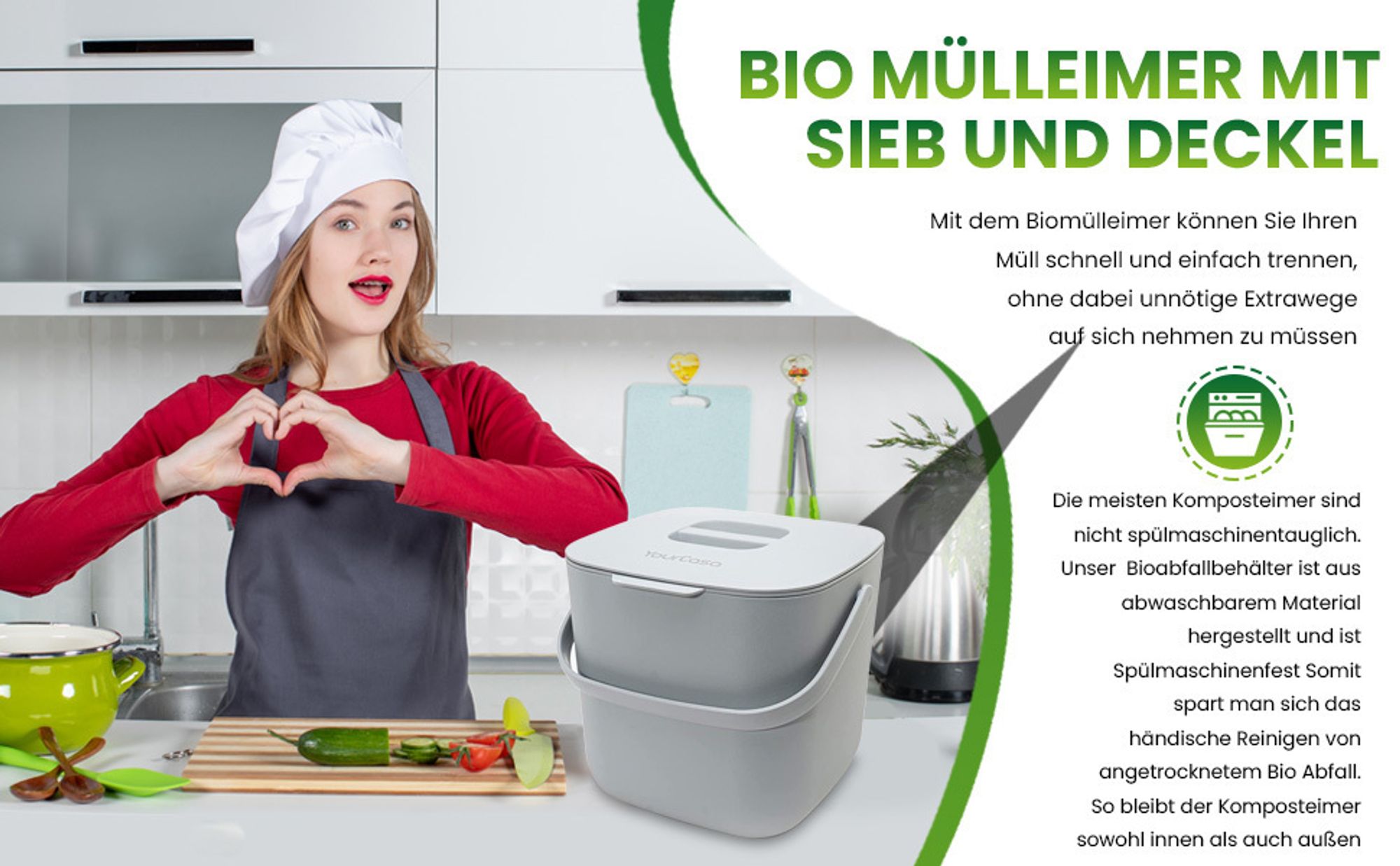 YourCasa Biomülleimer Küche 4L Komposteimer Küche für alltäglichen Biomüll Behälter - Spülmaschinenfest Beige