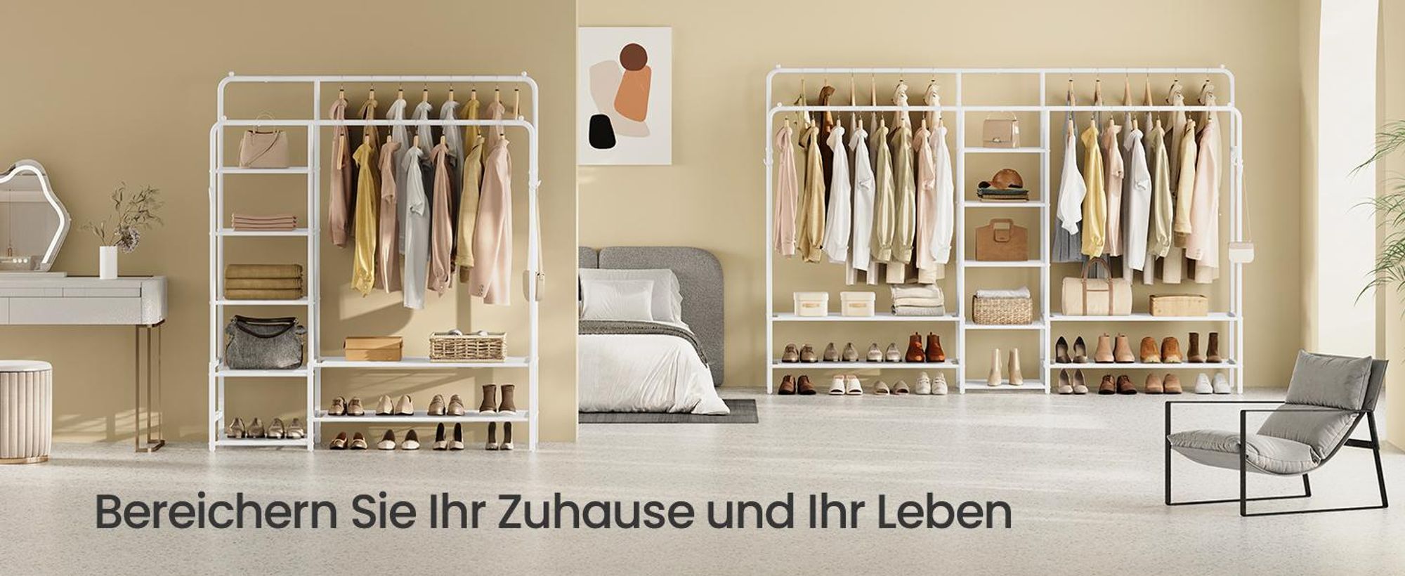 SONGMICS Kleiderständer, offener Kleiderschrank, Garderobenständer mit 9 Ablagen, Metallrahmen, weiß