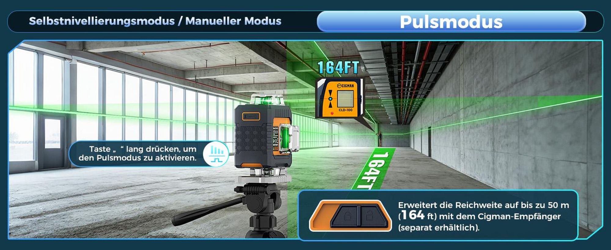 CIGMAN CMG16 Kreuzlinienlaser 4 x 360 Grad – App Steuerung, Grün, IP54