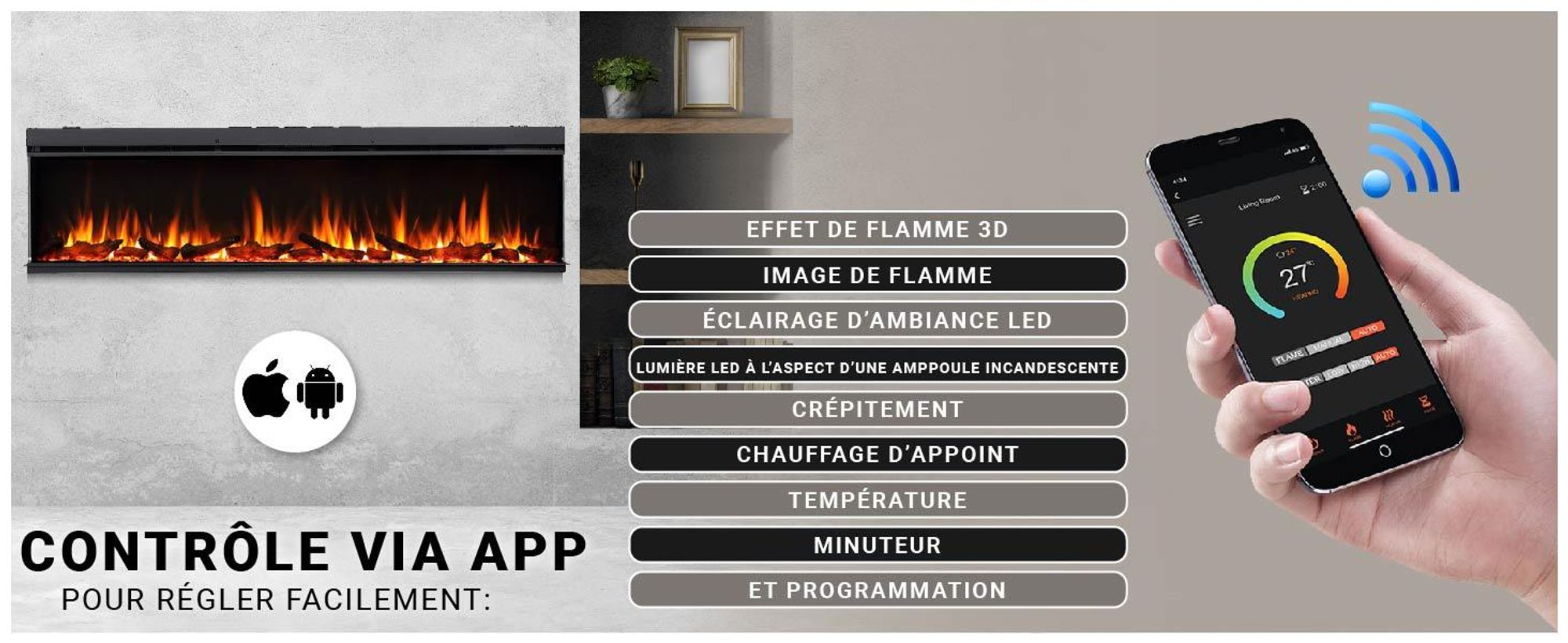 Cheminée électrique BALDERIA Athena smart 72 - Cheminée encastrable - Noir