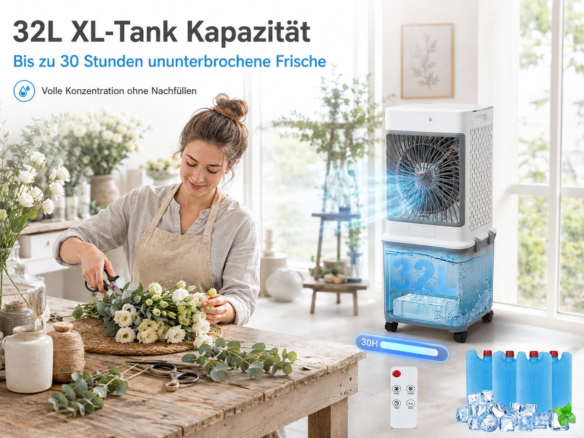 32L Klimagerät Mobil Ohne Abluftschlauch 70W Klimaanlage mit 4 Eisboxen 30H Laufzeit 30dB Leise Ventilator Mit Wasserkühlung Wohnung Zimmer Räume 85cm