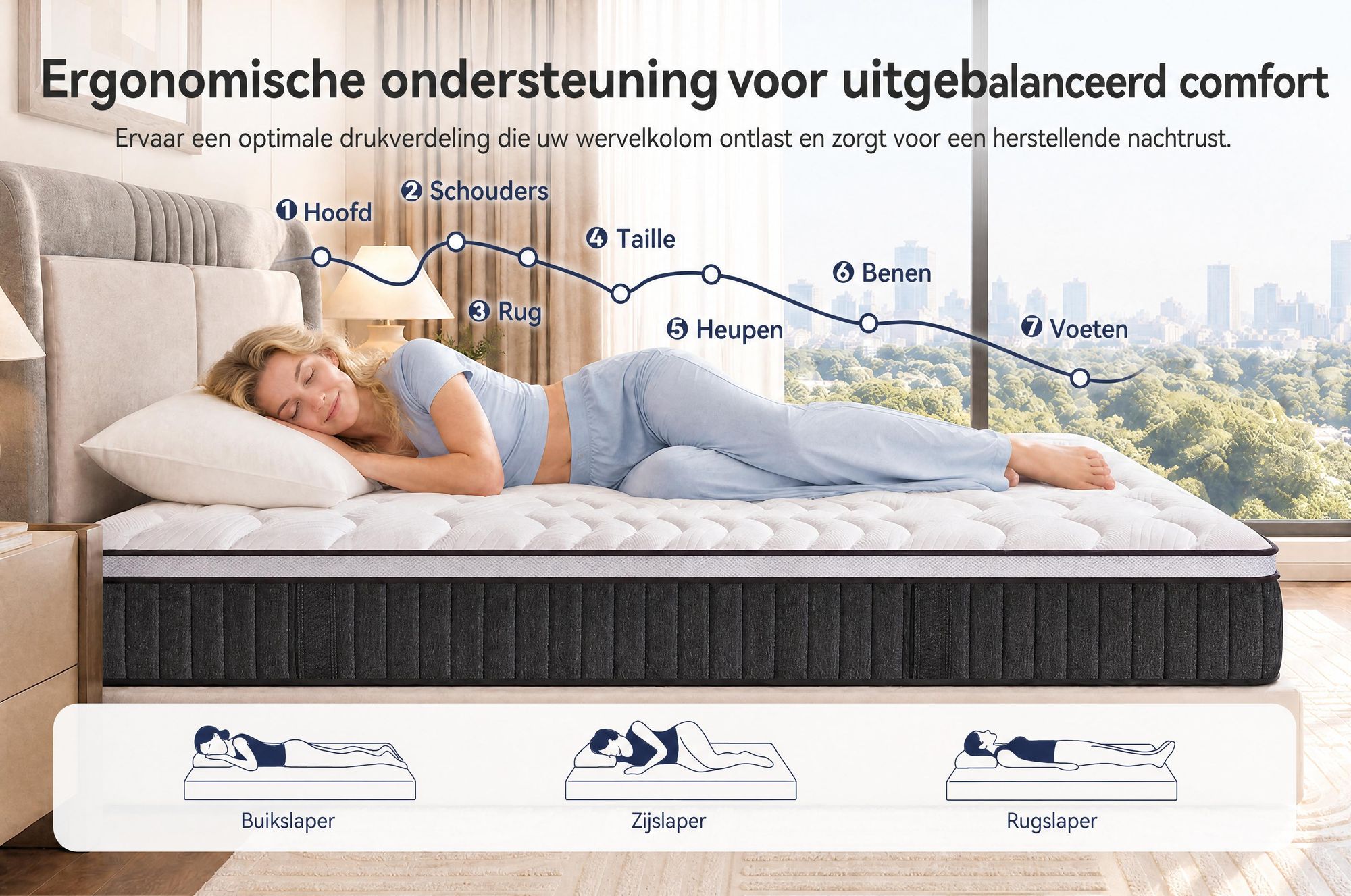 Matras 180x200 cm, 22 cm dik, met geïntegreerde toplaag. 7-zone pocketveringmatras, hardheid H3/H4