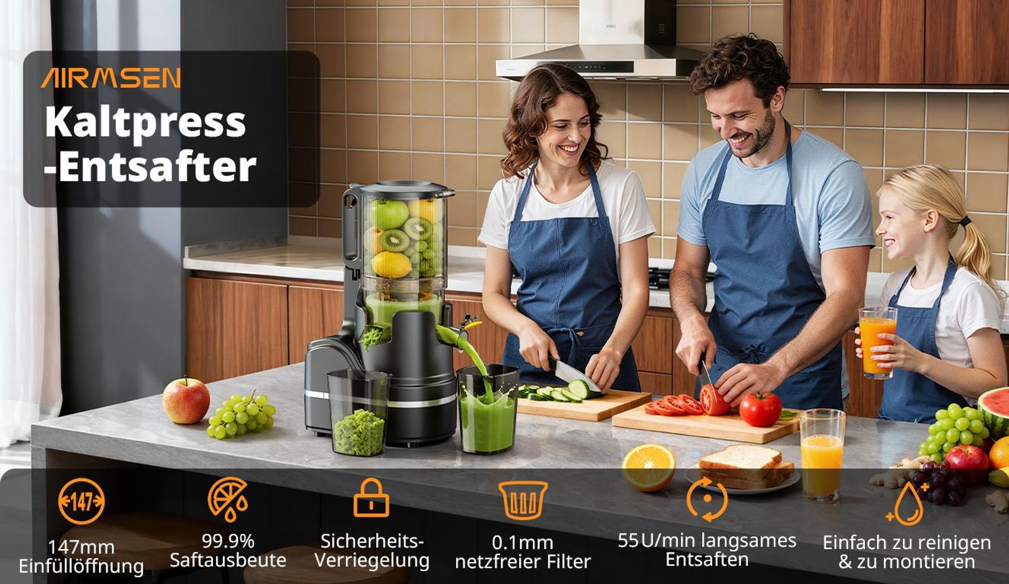 AIRMSEN Entsafter 300W, 140MM Öffnung, 2,1L Entsafter für Gemüse und Obst, Entsafter Slow Juicer mit Dreifachem Filter, Schwarz