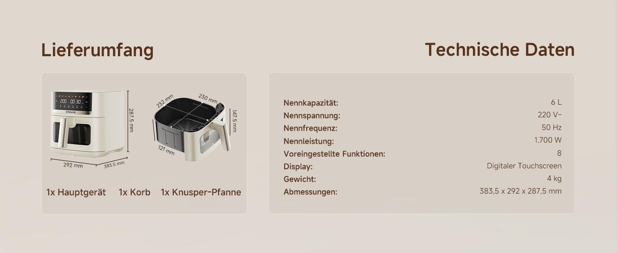 Dreame KrispNow™ AF20,6L Heißluftfritteuse,Metal-Innenraum,0-Fluorid Titanium-Keramik,Dual-Source 360° Hitze,8 Programme&Dörrfunktion,Aprikosenfarbe