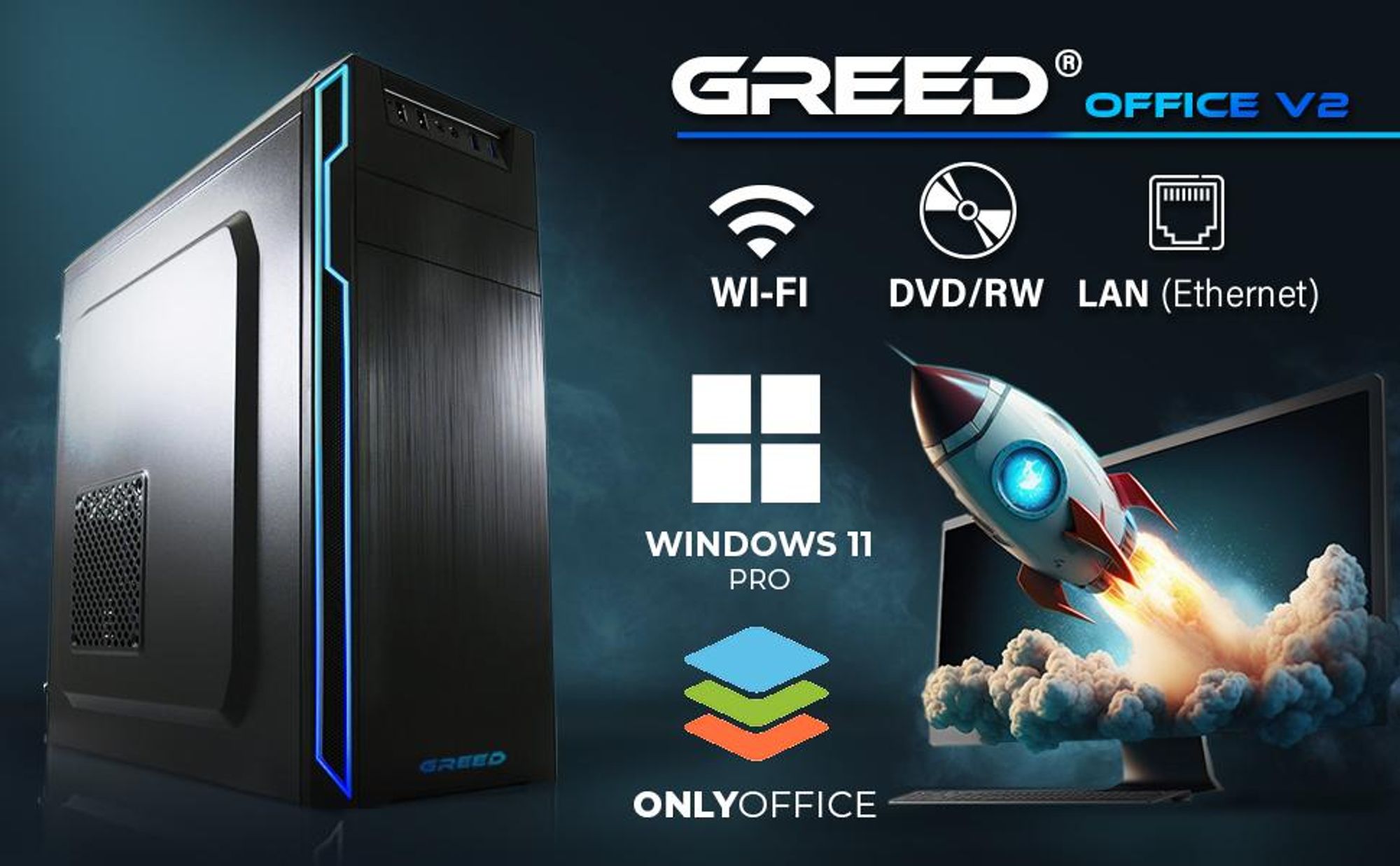 Greed® Multimedia V2 Pc - Intel Core i7 10700F - Computer fisso per ufficio - 4,8 GHz - 16 GB RAM DDR4 - 512 GB SSD - USB 3.1 - WiFi - Windows 11 Pro