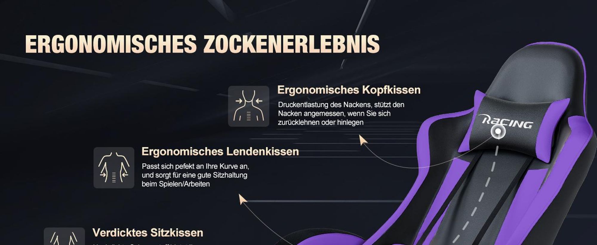 Portreen Gaming Stuhl,Bürostuhl Ergonomischer Gaming Sessel mit Lendenwirbelstütze Fußstütze, gepolstert,Kopfkissen Gaming Stuhl, 150kg Gaming Chair