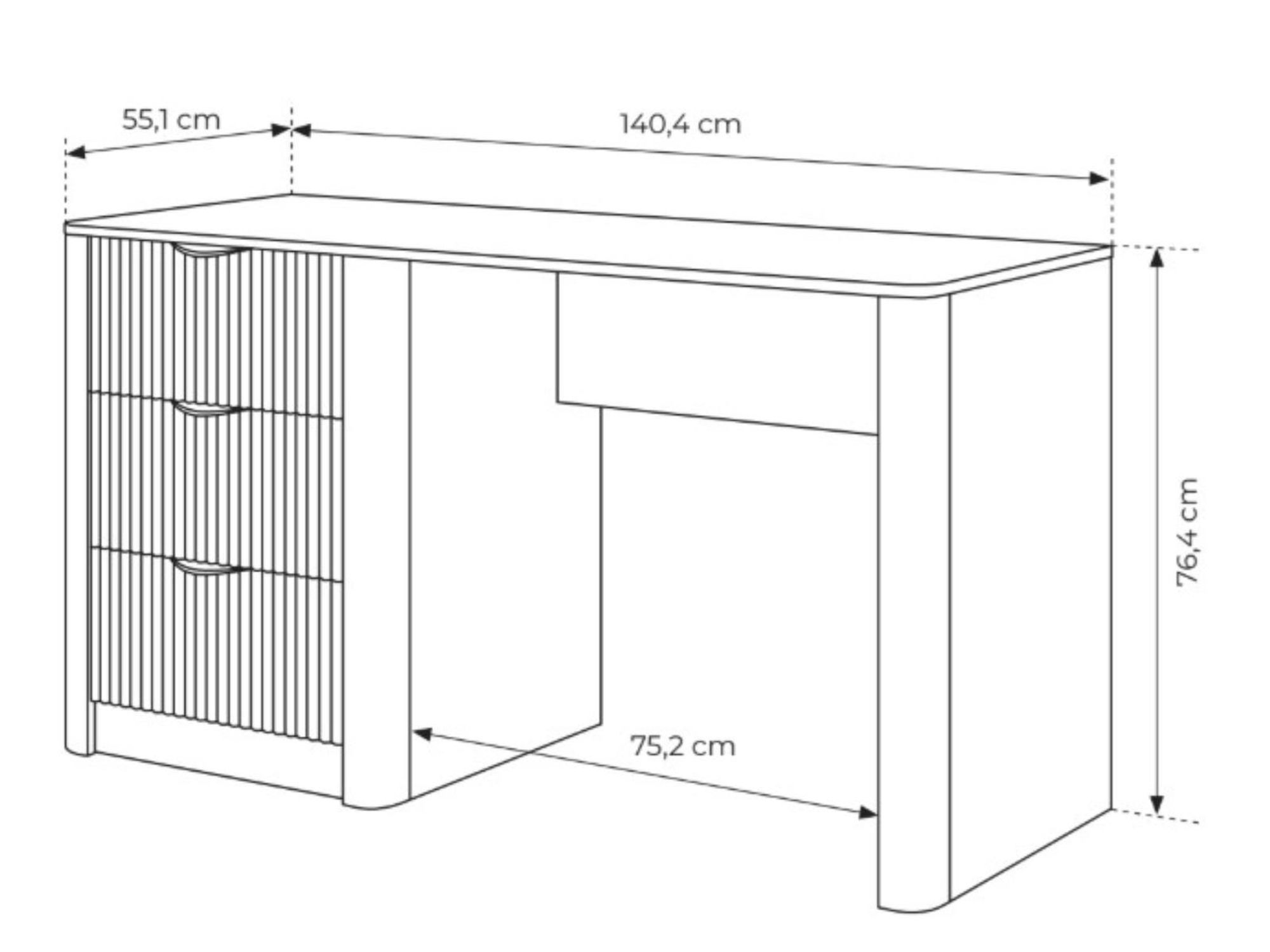 BETTSO Schreibtisch LANTE Beige mit 3 Schubladen, Geriffelte Fronten & Goldene Griffe, Moderner Computertisch 140x55 cm, Bürotisch für Home Office