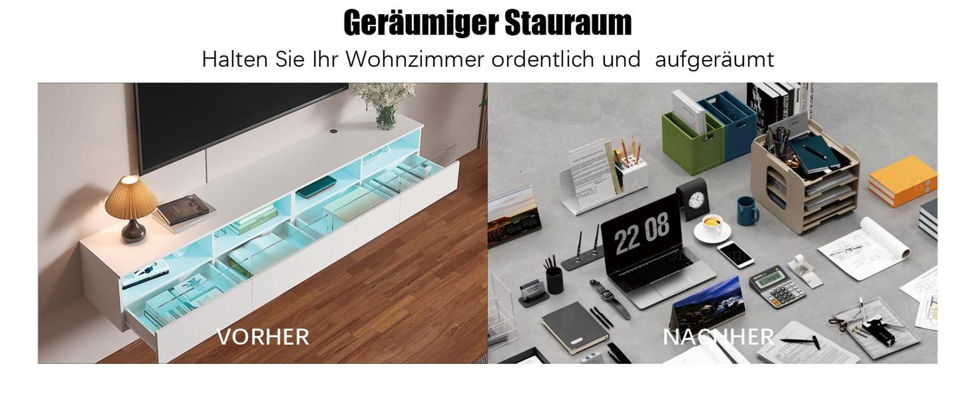 Radelldar Lowboard mit LED-Beleuchtung, TV-Schrank, hängend, grifflose TV-Board, 4 Schubladen mit Acryl,  200 cm, Weiß