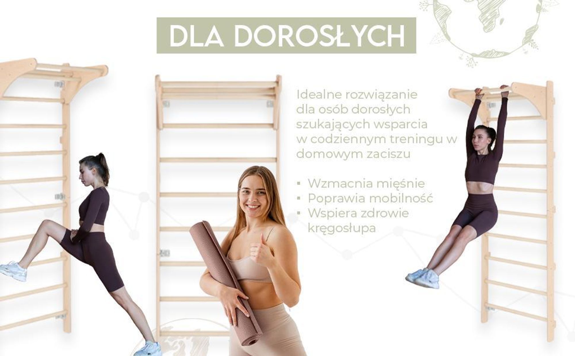 MAMOI Drabinka gimnastyczna naścienna z uchwytem dla dorosłych – drewniana drabinka treningowa (230 cm), Sprzęt fitness, Wielofunkcyjna drabinka