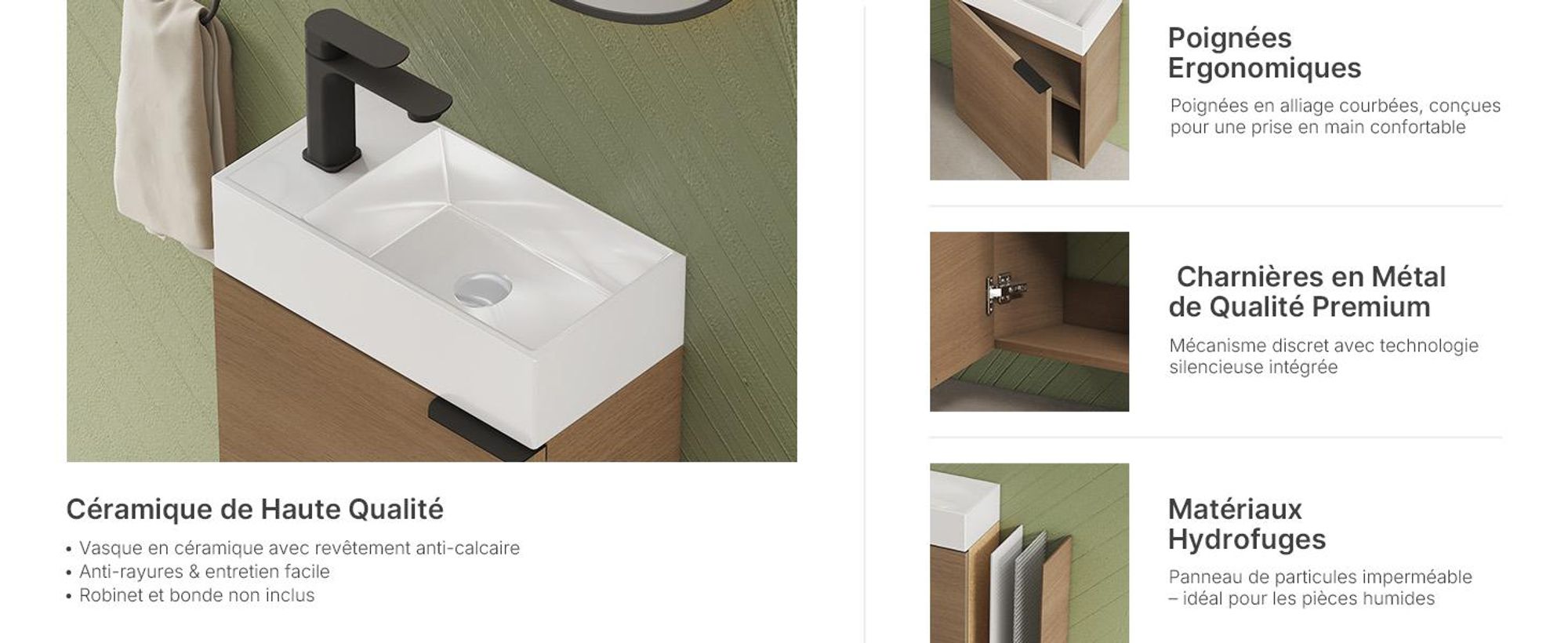 EMKE Ensemble de lavabos Meuble sous-lavabo avec vasque en céramique 417×240×646 mm suspendu, Soft-Close, chêne Sonoma